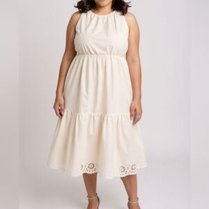 New Ava & Viv Off-White Cotton Tiered Midi Dress With Eyelet Embroidered Trim